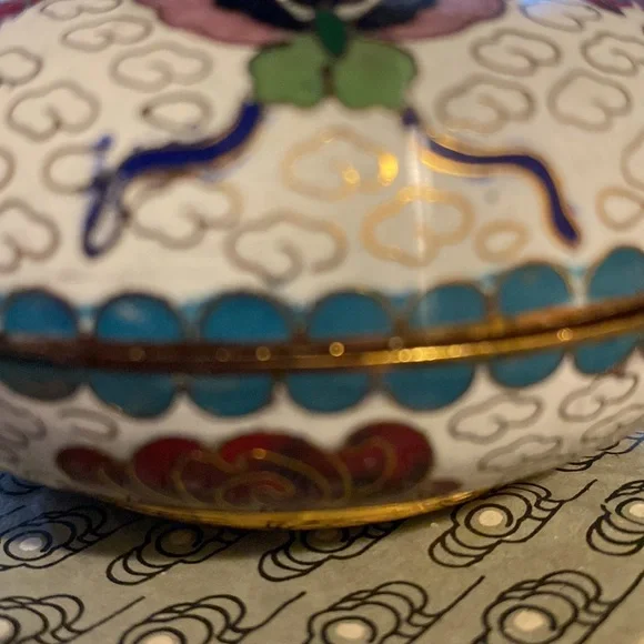 Vintage Cloisonne Covered Round Trinket Box Brass Painted Enamel Cherry Blossom